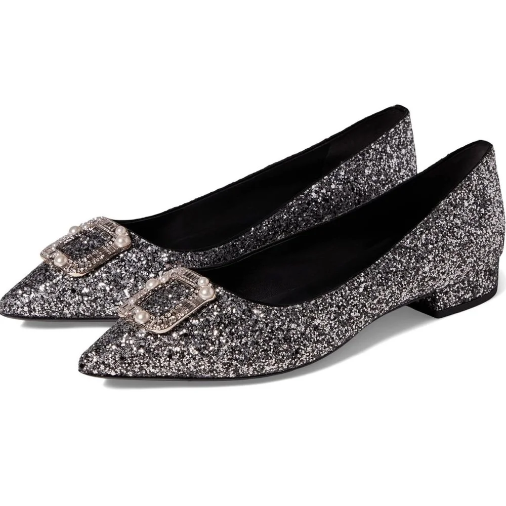 Kate Spade Silver Buckle Up Glitter Flats Size 38.5 - Picture 3 of 15